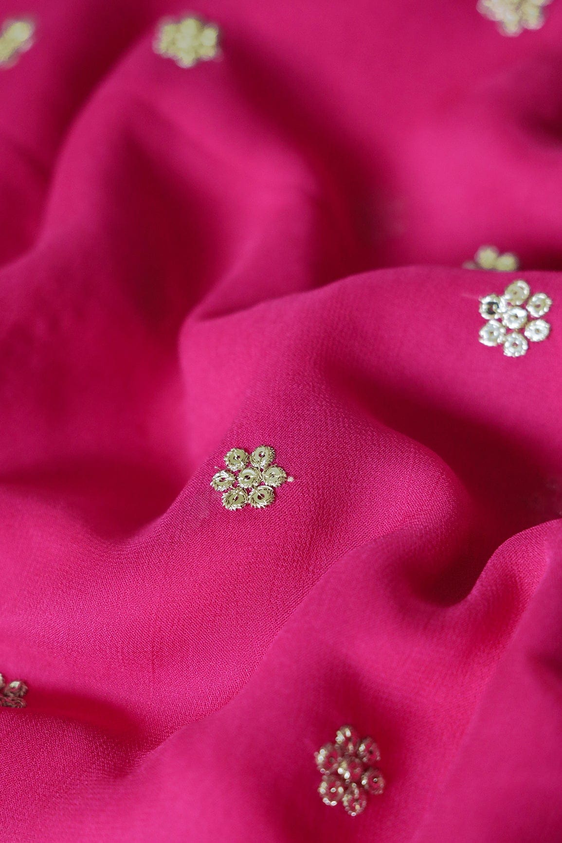 doeraa Embroidery Fabrics Gold Sequins With Gold Zari Small Motif Embroidery Work On Fuchsia Viscose Georgette Fabric