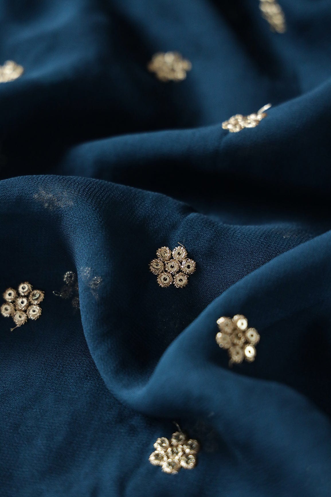 doeraa Embroidery Fabrics Gold Sequins With Gold Zari Small Motif Embroidery Work On Prussian Blue Viscose Georgette Fabric