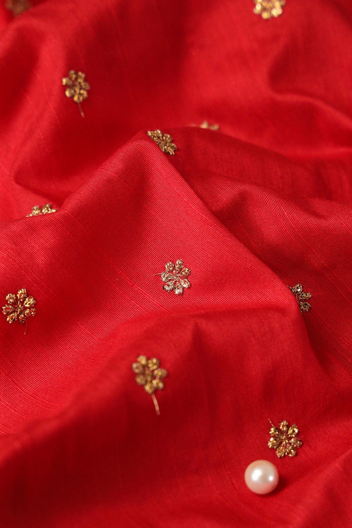 doeraa Embroidery Fabrics Gold Sequins With Gold Zari Small Motif Embroidery Work On Red Raw Silk Fabric