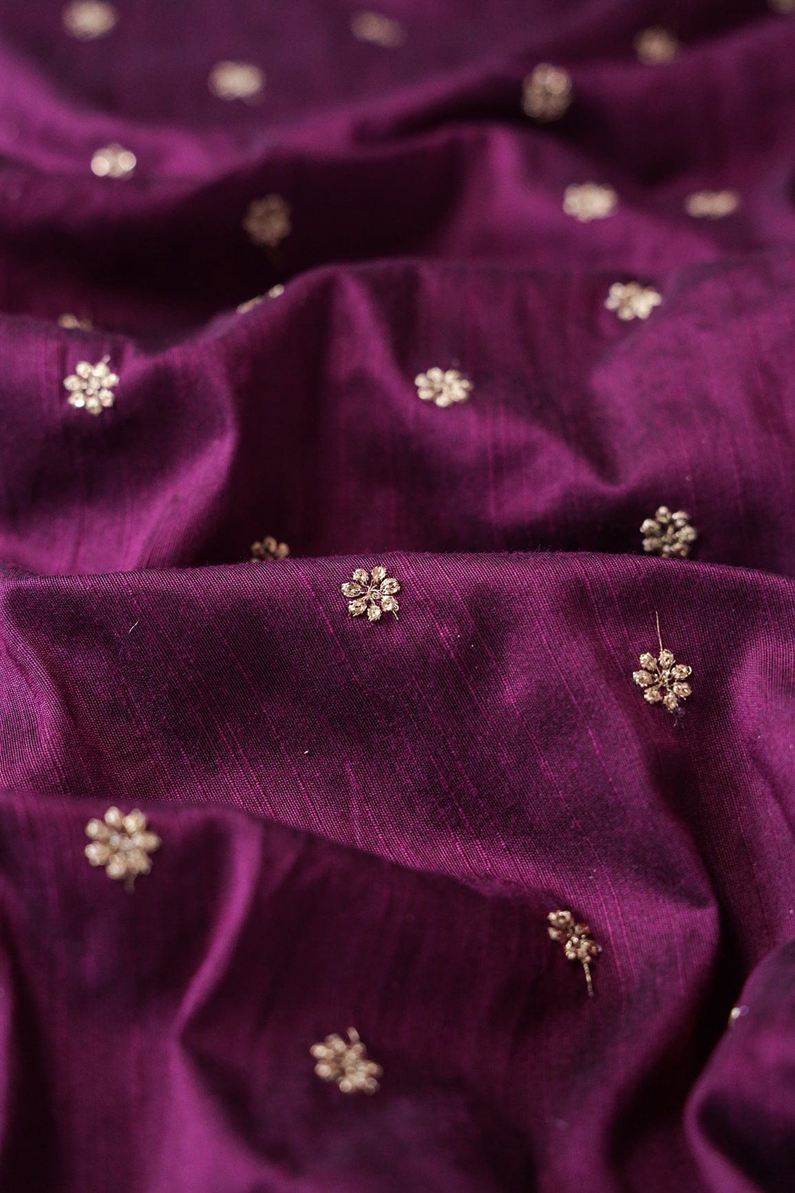 doeraa Embroidery Fabrics Gold Sequins With Gold Zari Small Motif Embroidery Work On Wine Raw Silk Fabric