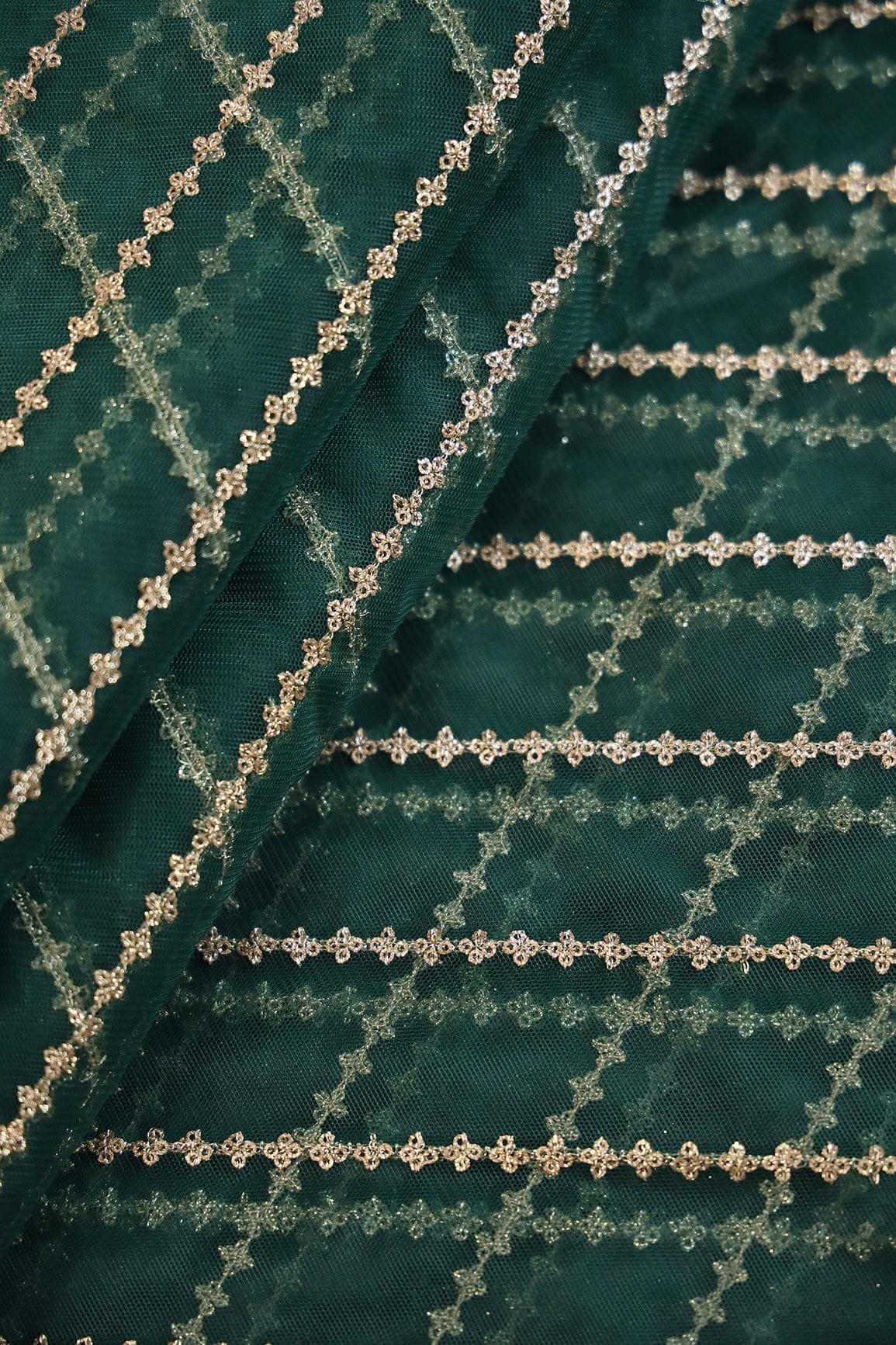 doeraa Embroidery Fabrics Gold Sequins With Gold Zari Stripes Embroidery Work On Bottle Green Soft Net Fabric