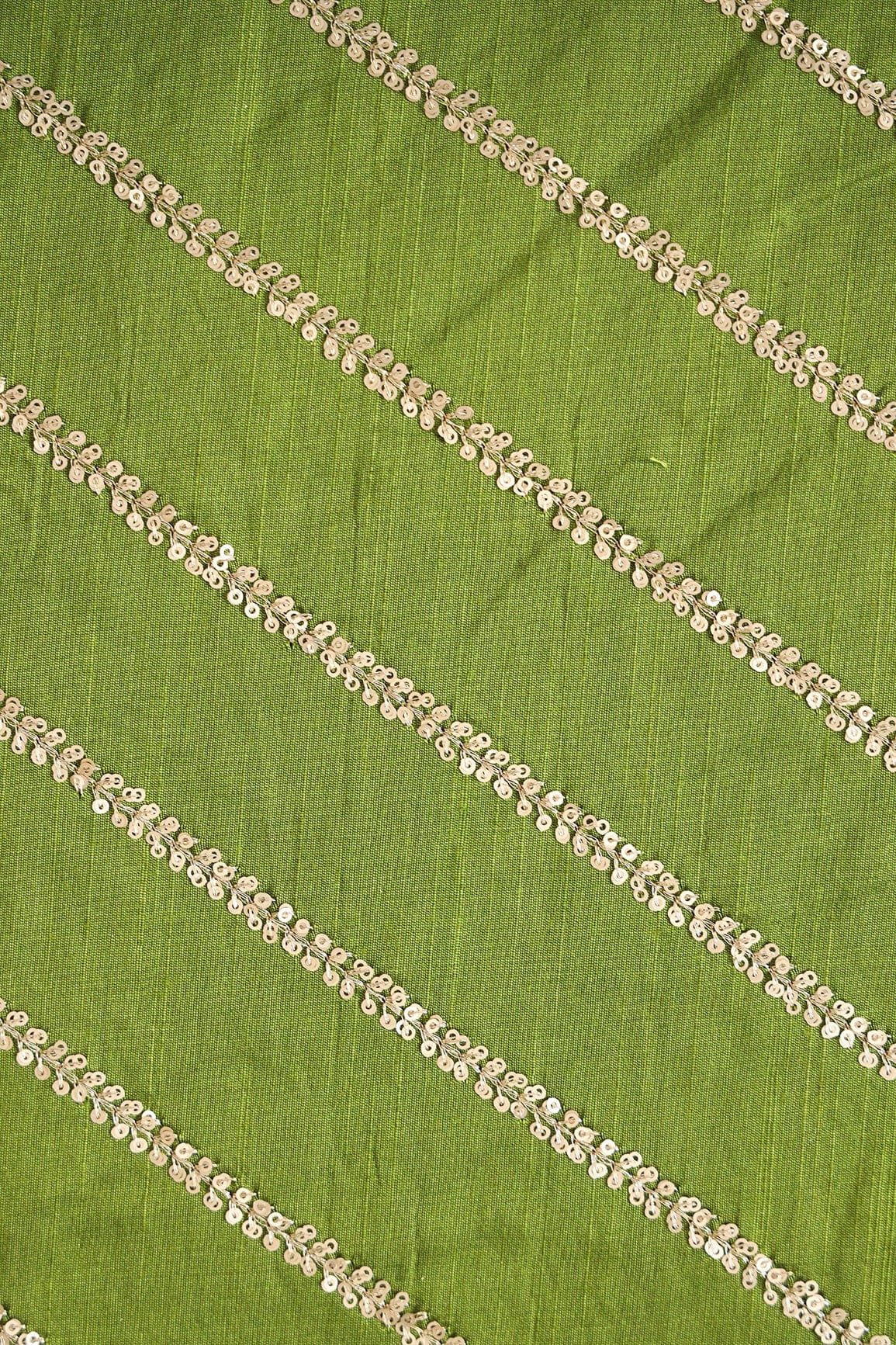 doeraa Embroidery Fabrics Gold Sequins With Gold Zari Stripes Embroidery Work On Dark Olive Raw Silk Fabric