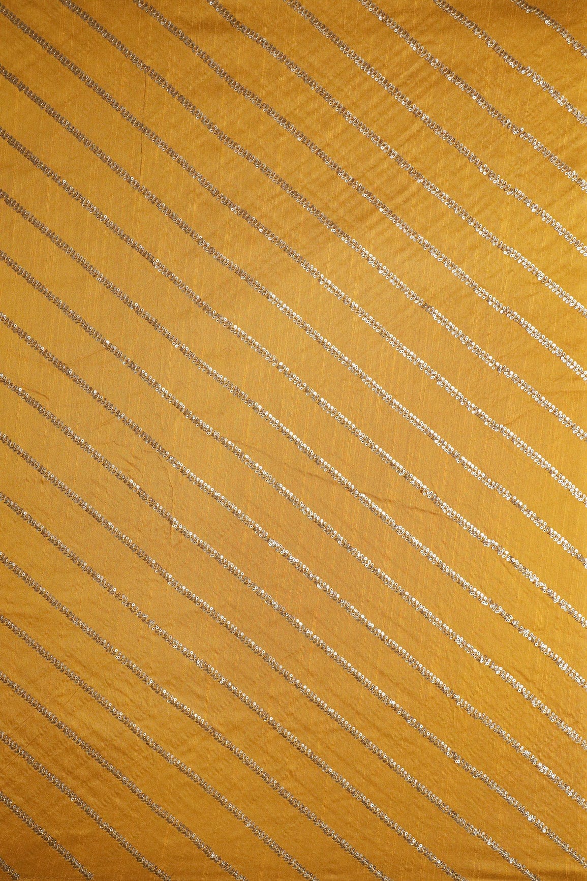 doeraa Embroidery Fabrics Gold Sequins With Gold Zari Stripes Embroidery Work On Mustard Yellow Raw Silk Fabric