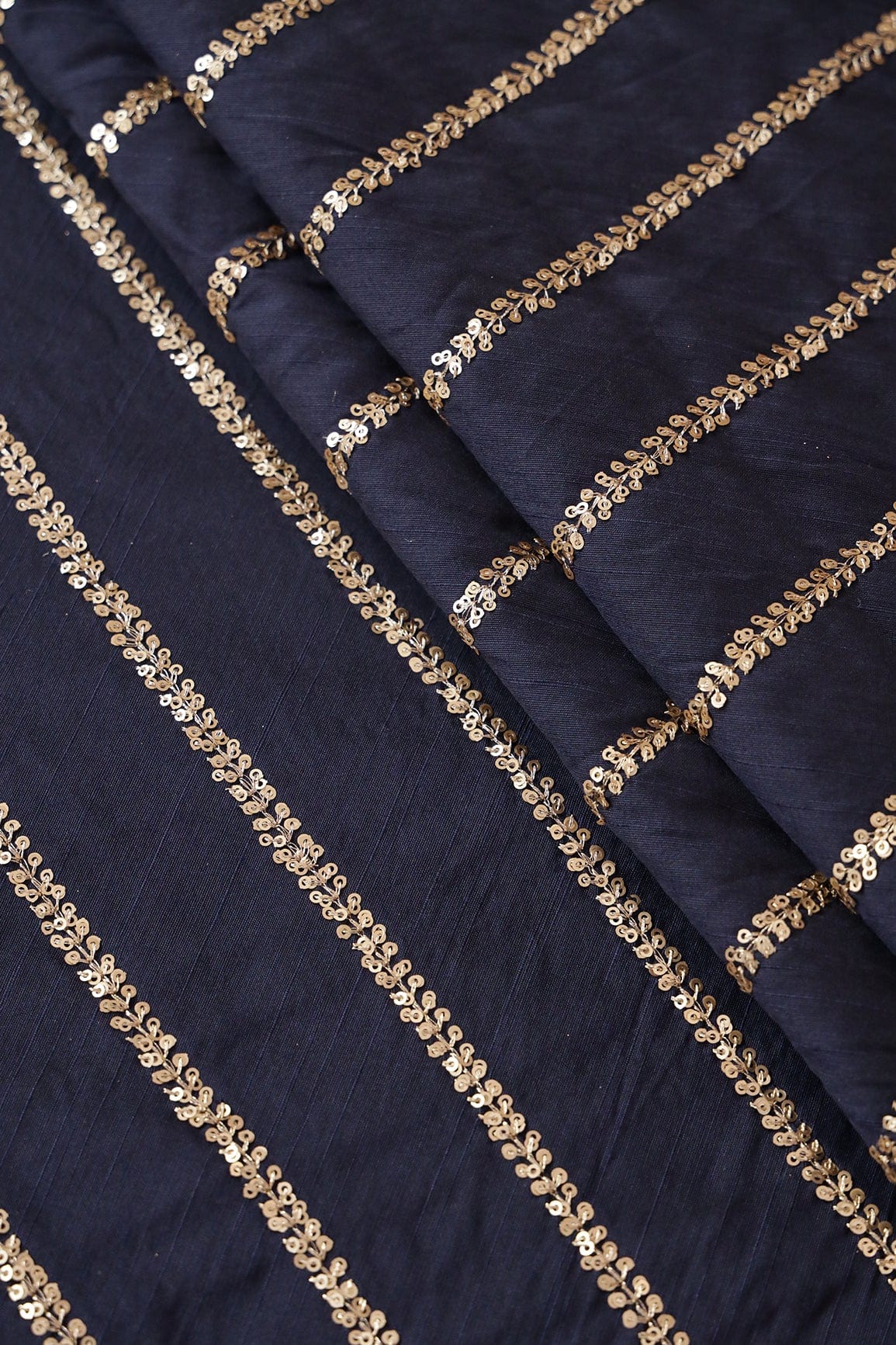 doeraa Embroidery Fabrics Gold Sequins With Gold Zari Stripes Embroidery Work On Navy Blue Raw Silk Fabric