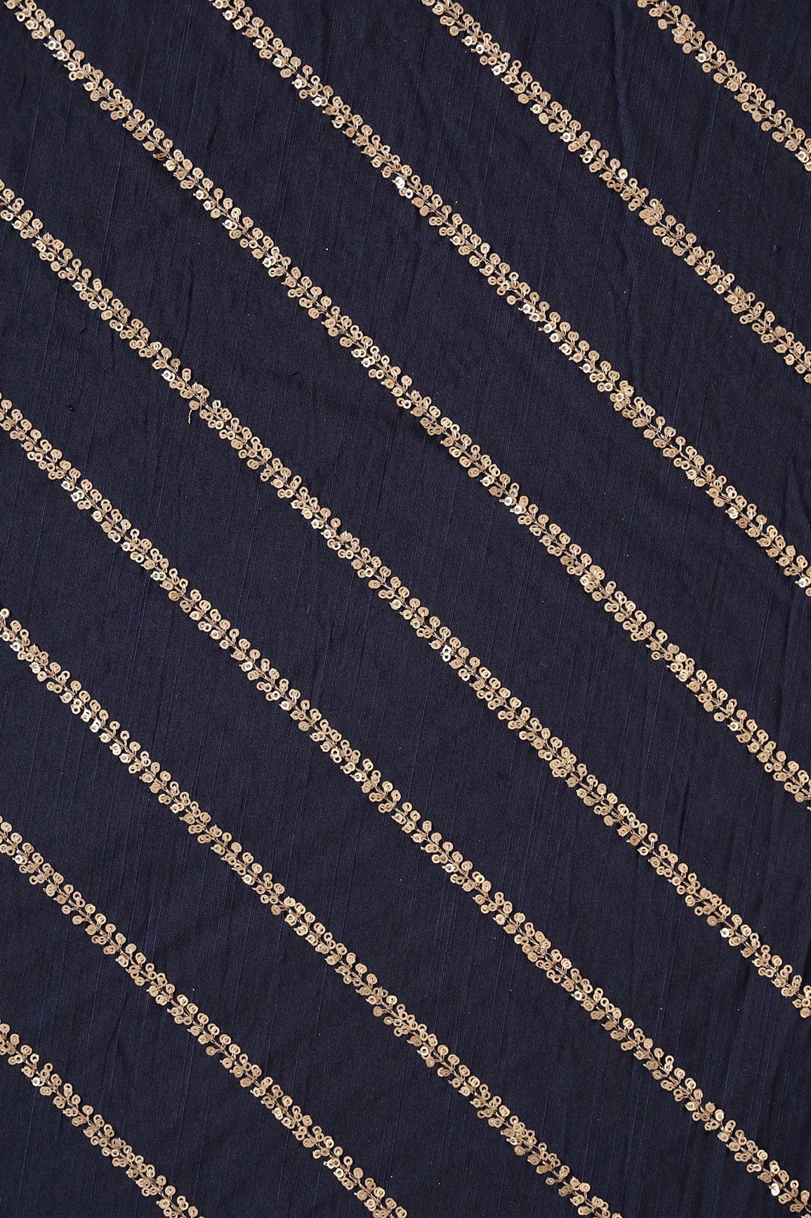 doeraa Embroidery Fabrics Gold Sequins With Gold Zari Stripes Embroidery Work On Navy Blue Raw Silk Fabric