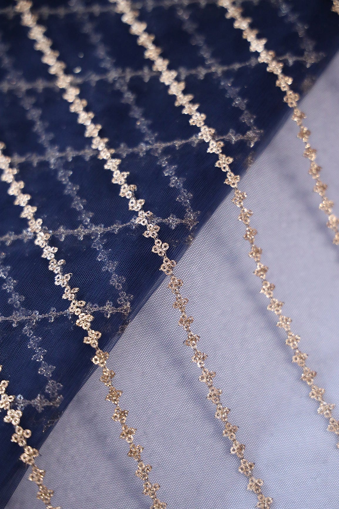 doeraa Embroidery Fabrics Gold Sequins With Gold Zari Stripes Embroidery Work On Navy Blue Soft Net Fabric