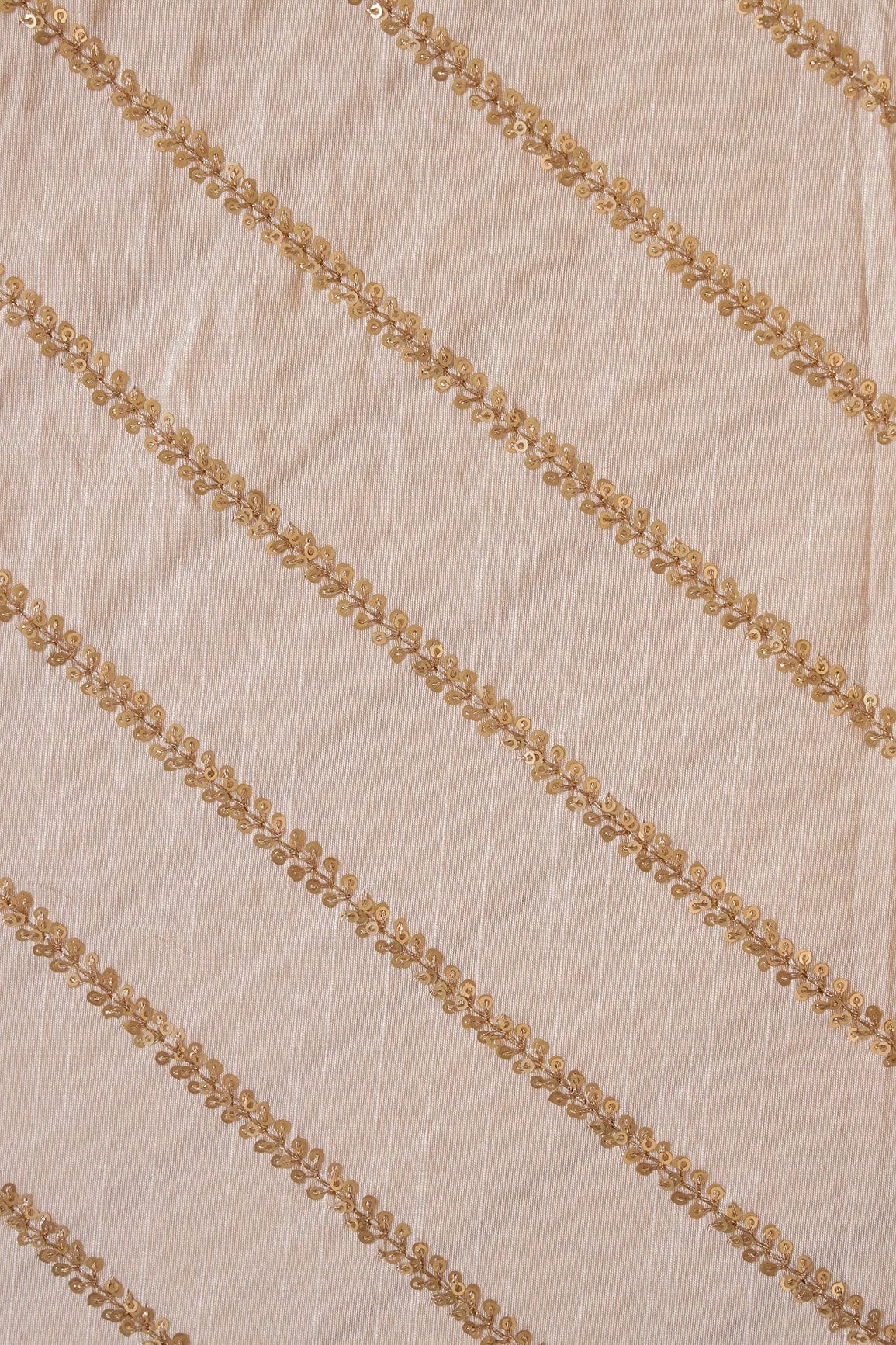 doeraa Embroidery Fabrics Gold Sequins With Gold Zari Stripes Embroidery Work On Off White Raw Silk Fabric