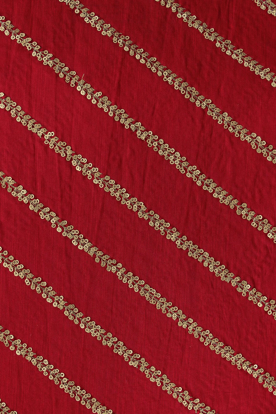 doeraa Embroidery Fabrics Gold Sequins With Gold Zari Stripes Embroidery Work On Red Raw Silk Fabric