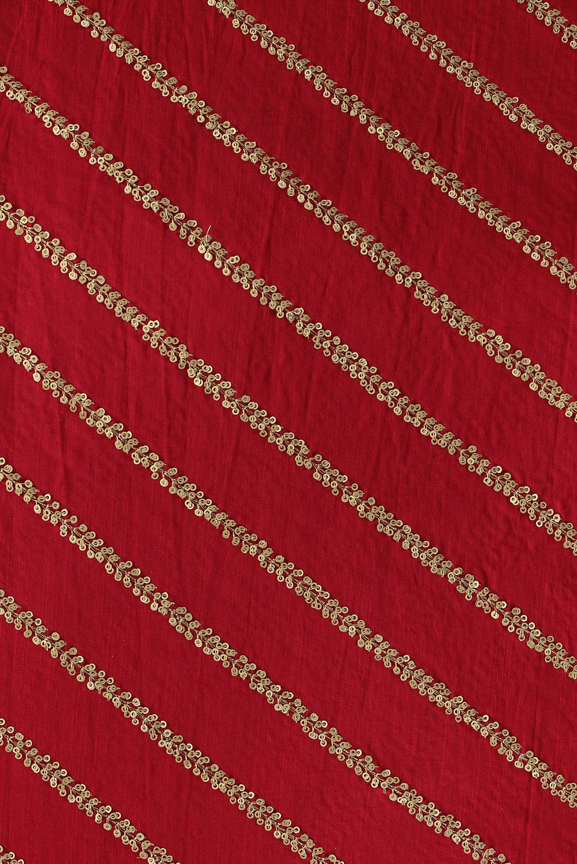 doeraa Embroidery Fabrics Gold Sequins With Gold Zari Stripes Embroidery Work On Red Raw Silk Fabric