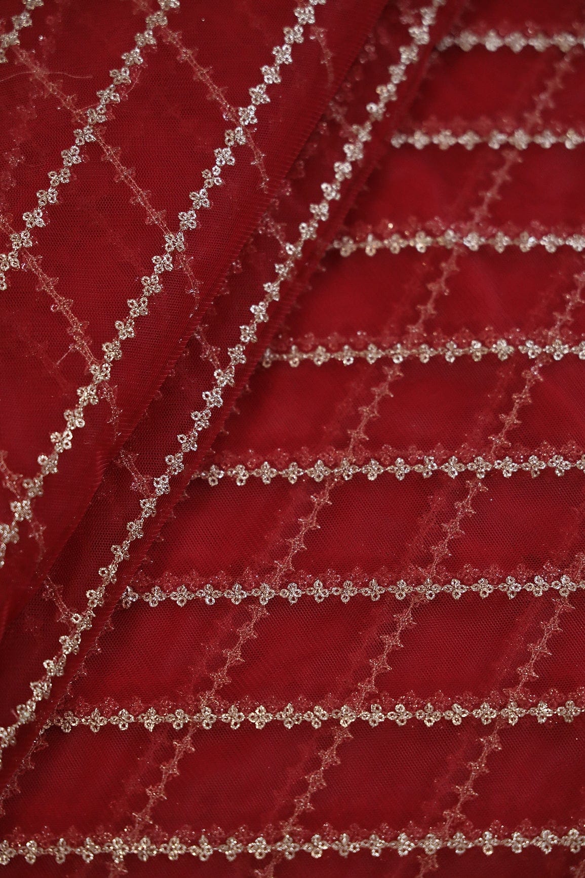 doeraa Embroidery Fabrics Gold Sequins With Gold Zari Stripes Embroidery Work On Red Soft Net Fabric