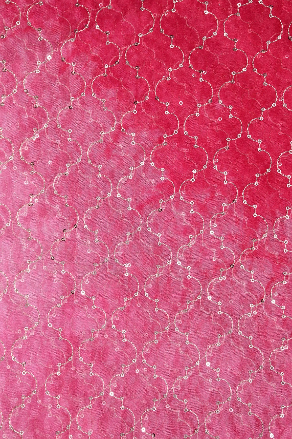 doeraa Embroidery Fabrics Gold Sequins With Gold Zari Trellis Embroidery Work On Tie & Dye Red Organza Fabric
