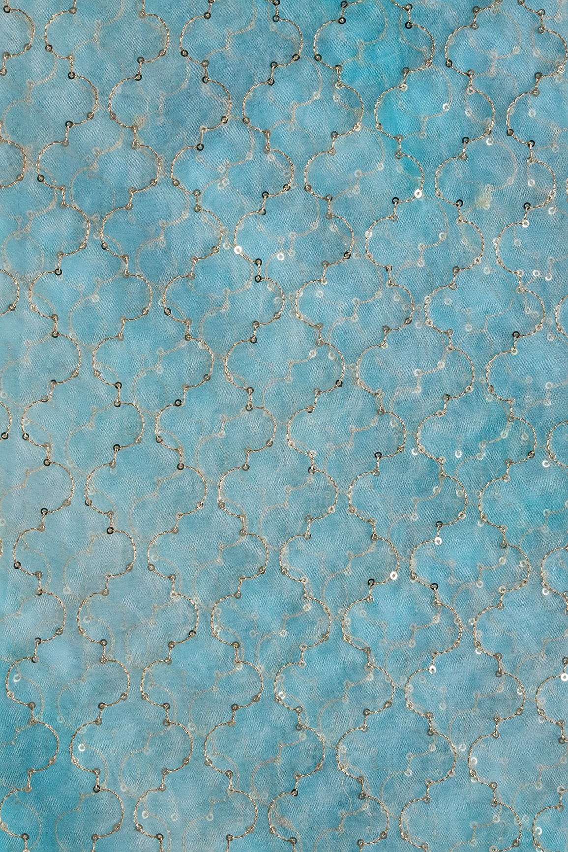 doeraa Embroidery Fabrics Gold Sequins With Gold Zari Trellis Embroidery Work On Tie & Dye Sky Blue Organza Fabric