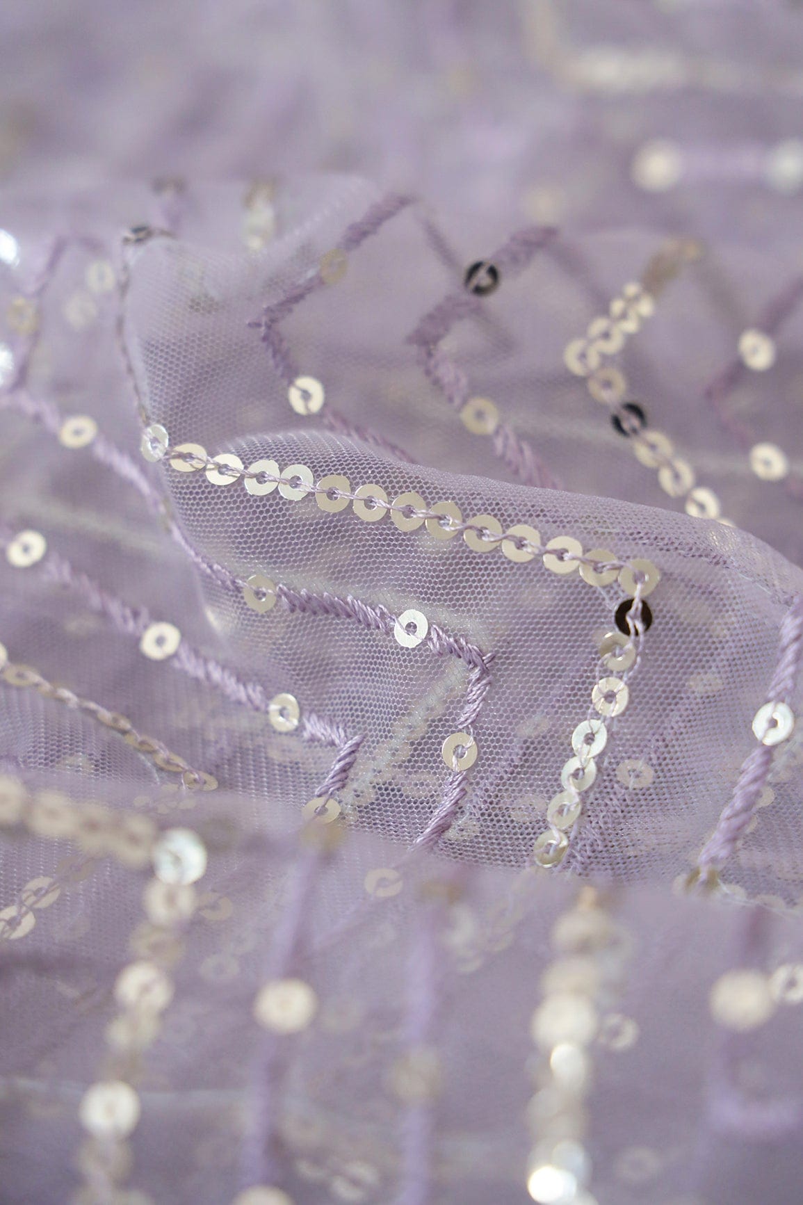 doeraa Embroidery Fabrics Gold Sequins With Lavender Thread Chevron Embroidery Work On Lavender Soft Net Fabric