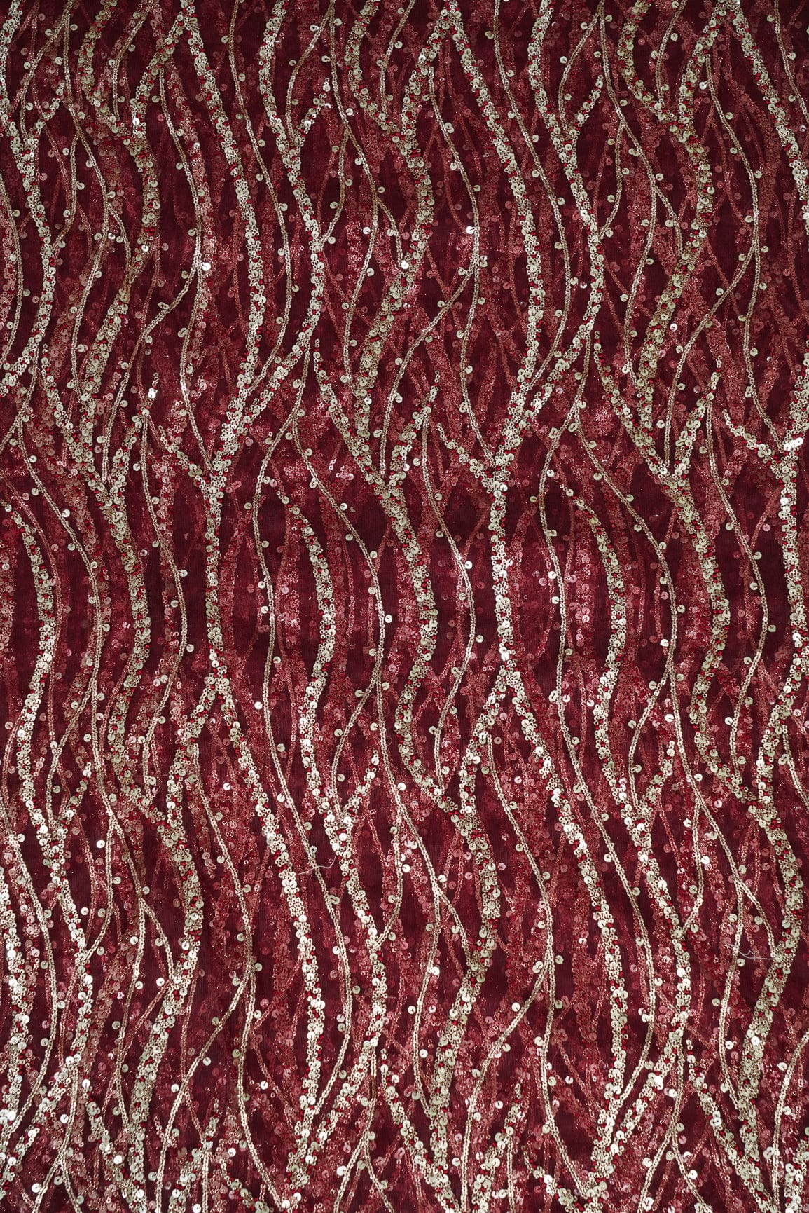 doeraa Embroidery Fabrics Gold Sequins With Maroon Thread Embroidery On Maroon Soft Net