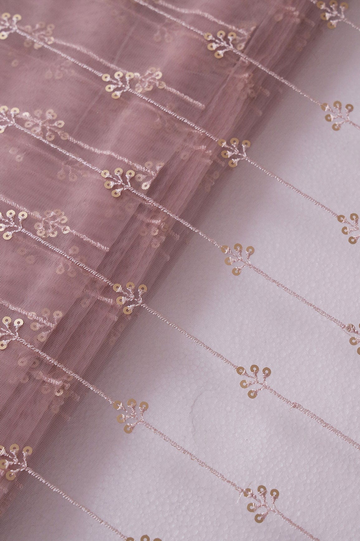 doeraa Embroidery Fabrics Gold Sequins With Mauve Thread Beautiful Stripes Embroidery Work On Mauve Soft Net Fabric