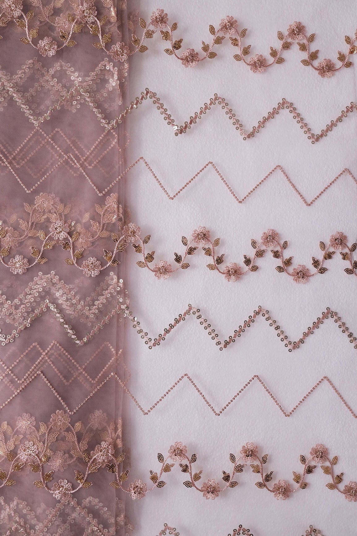 doeraa Embroidery Fabrics Gold Sequins With Mauve Thread Chevron Embroidery Work On Mauve Soft Net Fabric