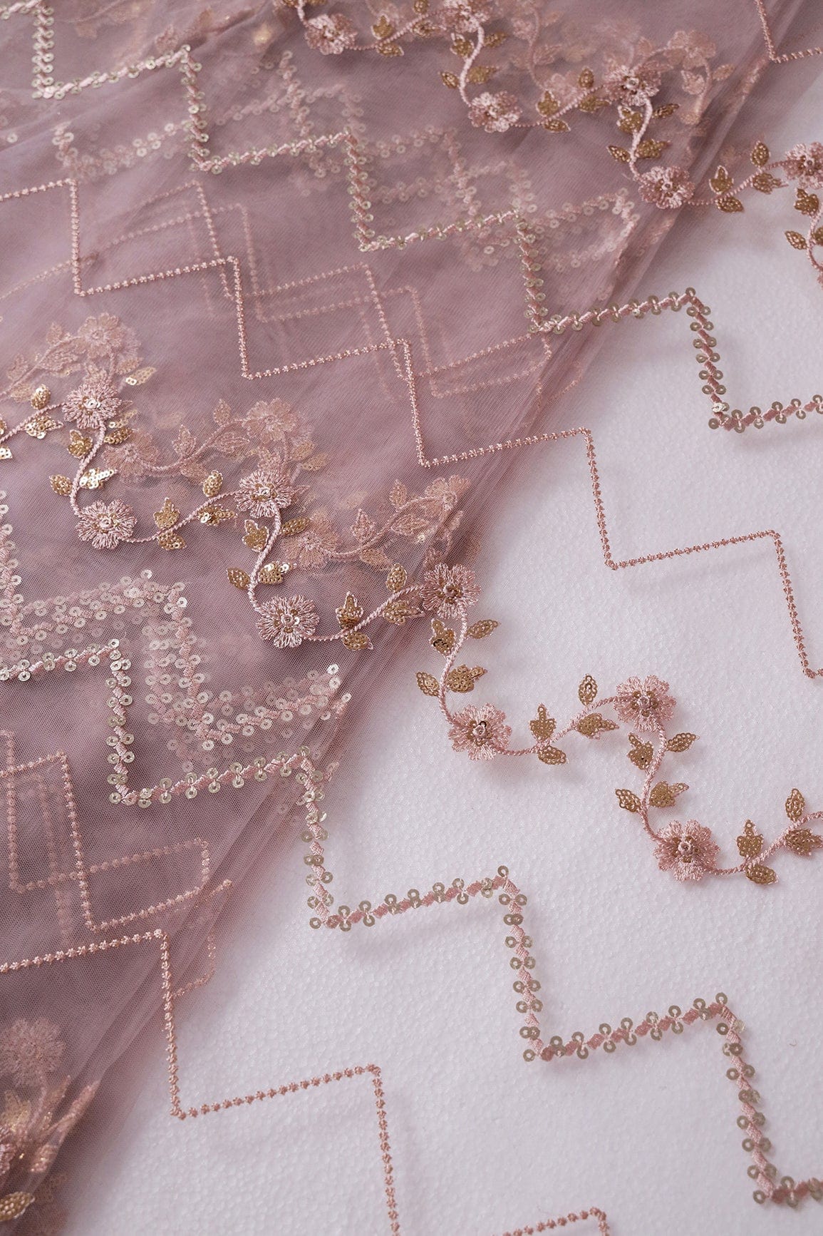 doeraa Embroidery Fabrics Gold Sequins With Mauve Thread Chevron Embroidery Work On Mauve Soft Net Fabric