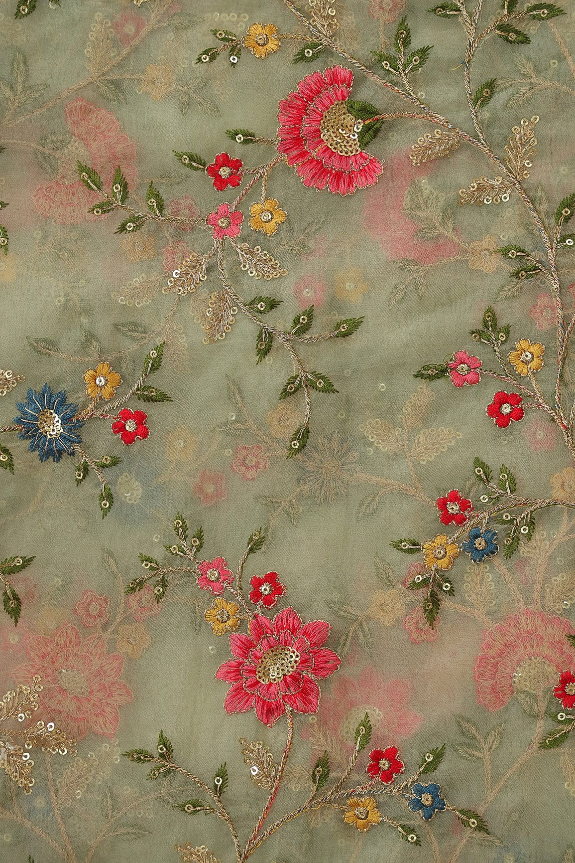 doeraa Embroidery Fabrics Gold Sequins with Multi Coloured Thread Floral Embroidery on Olive Organza Fabric