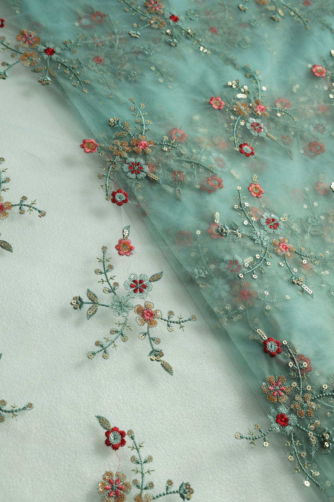 doeraa Embroidery Fabrics Gold Sequins With Multi Thread Floral Embroidery Work On Teal Soft Net Fabric