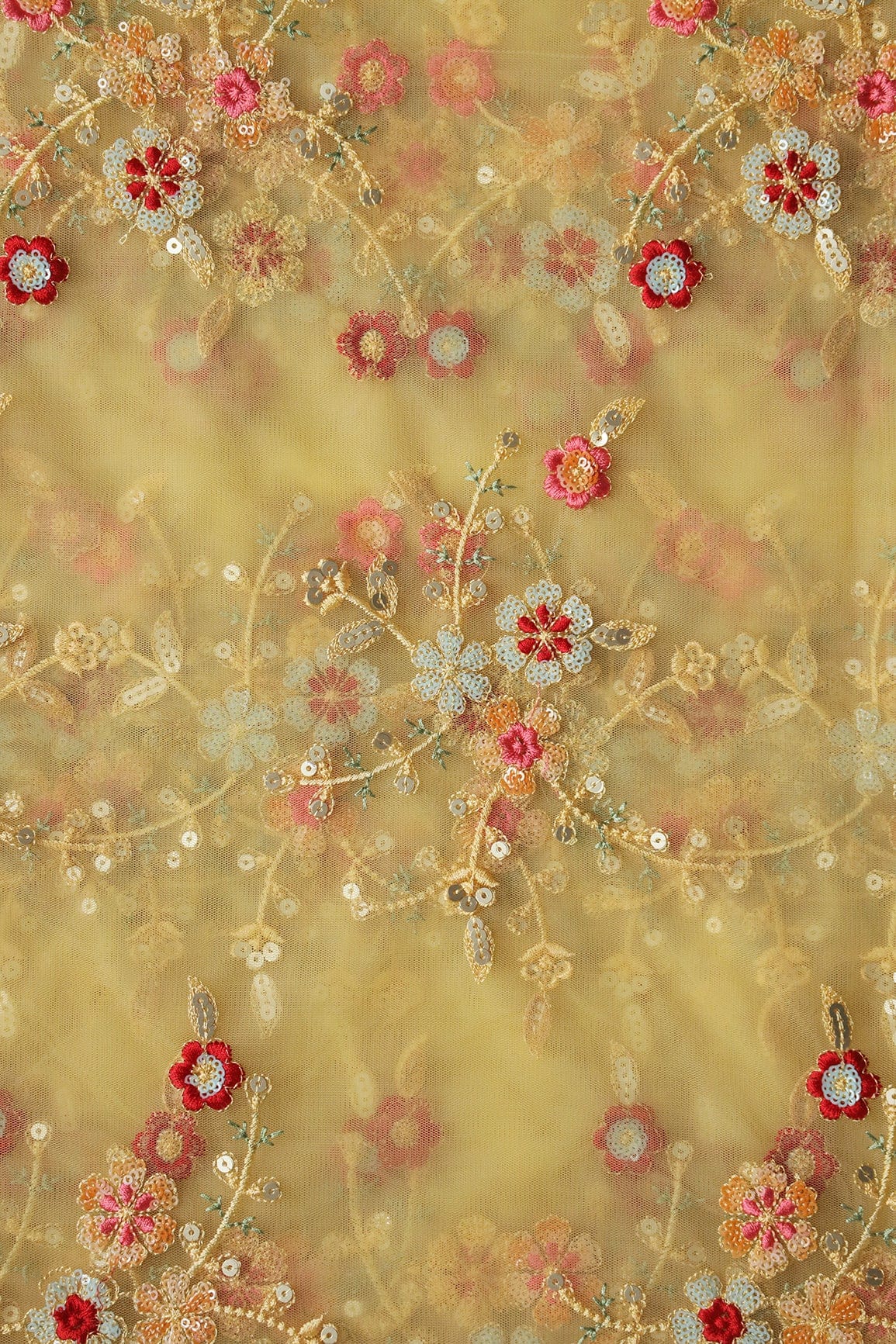 doeraa Embroidery Fabrics Gold Sequins With Multi Thread Floral Embroidery Work On Yellow Soft Net Fabric