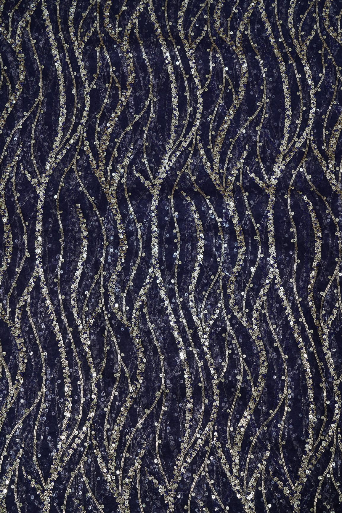 doeraa Embroidery Fabrics Gold Sequins With Navy Blue Thread Embroidery On Navy Blue Soft Net