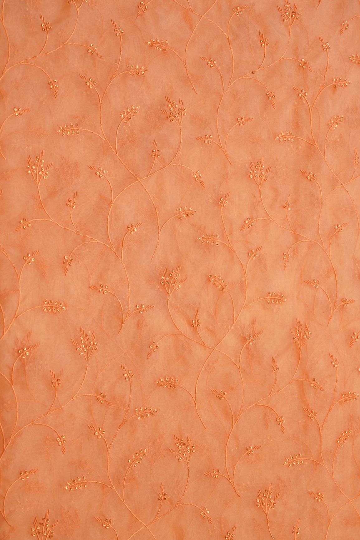 doeraa Embroidery Fabrics Gold Sequins With Peach Thread Floral Embroidery On Peach Organza Fabric