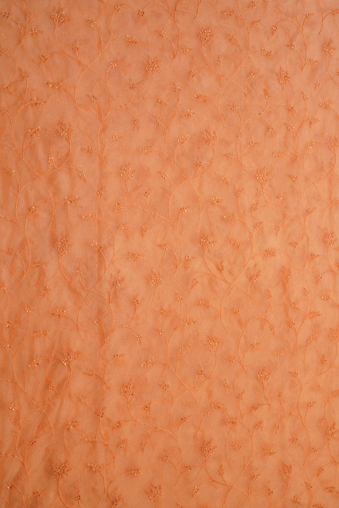 doeraa Embroidery Fabrics Gold Sequins With Peach Thread Floral Embroidery On Peach Organza Fabric