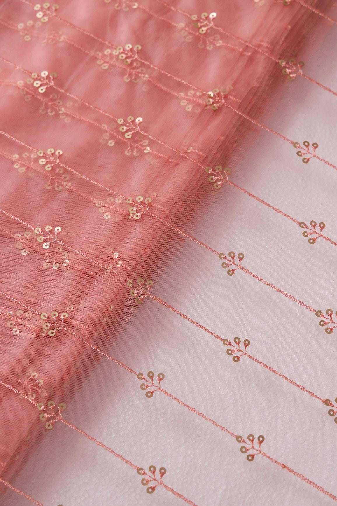 doeraa Embroidery Fabrics Gold Sequins With Pink Thread Beautiful Stripes Embroidery Work On Pink Soft Net Fabric