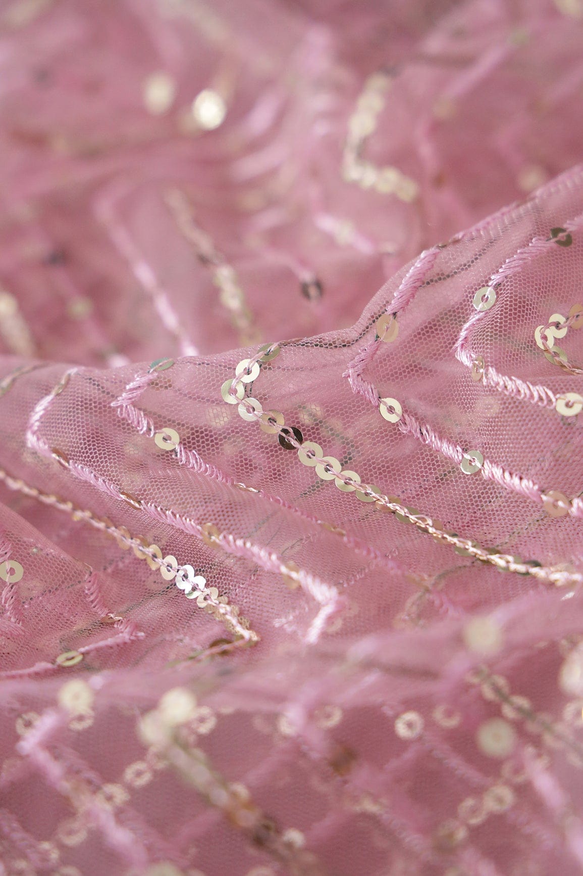 doeraa Embroidery Fabrics Gold Sequins With Pink Thread Chevron Embroidery Work On Pink Soft Net Fabric