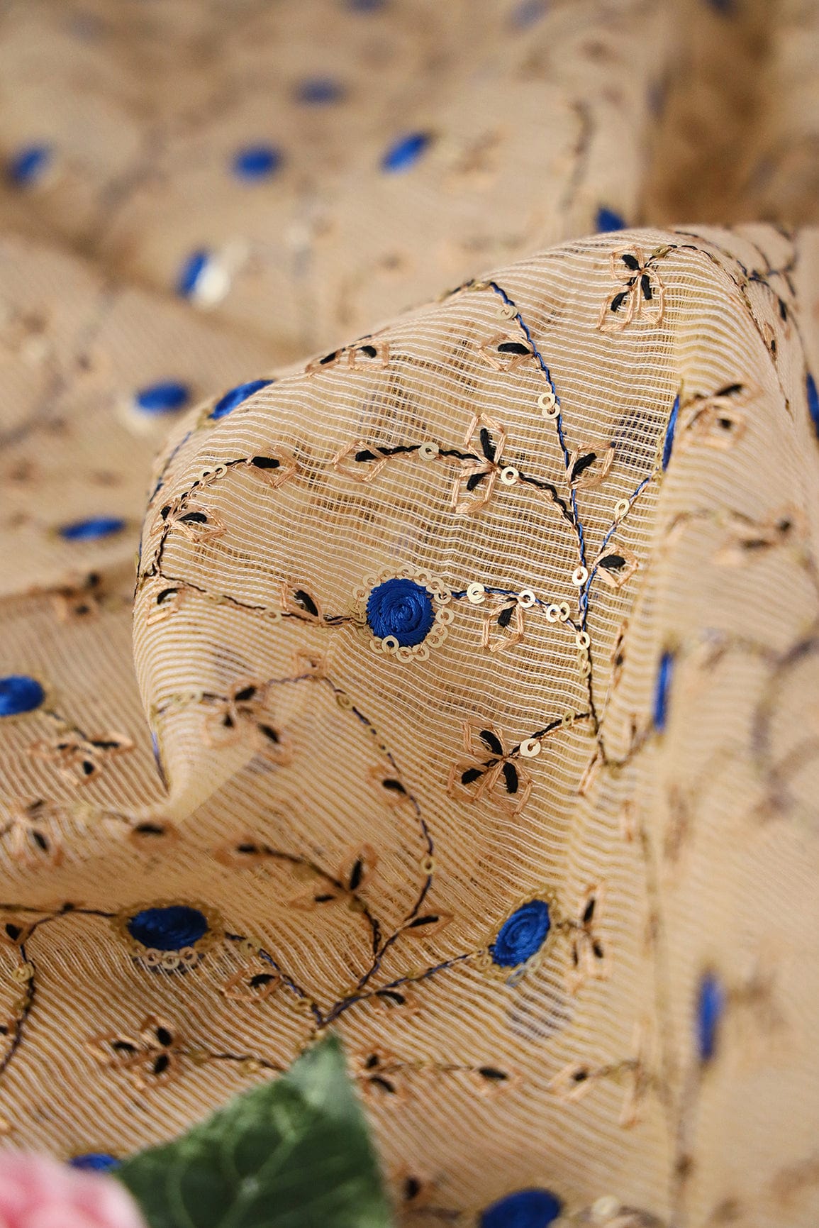 doeraa Embroidery Fabrics Gold Sequins With Royal Blue Color Thread Floral Embroidery On Beige Kota Doria Net Fabric