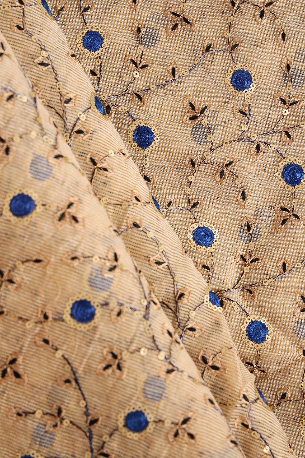 doeraa Embroidery Fabrics Gold Sequins With Royal Blue Thread Floral Embroidery On Beige Kota Doria Net Fabric