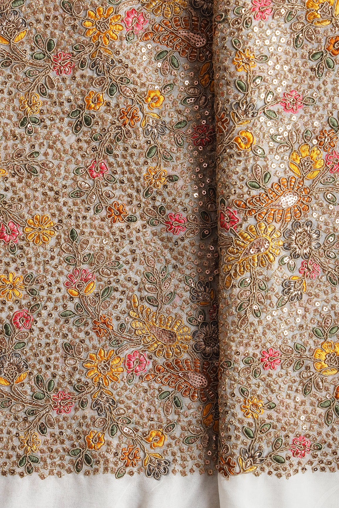 doeraa Embroidery Fabrics Gold Sequins With Yellow And Orange Thread Embroidery On White Viscose Georgette Fabric