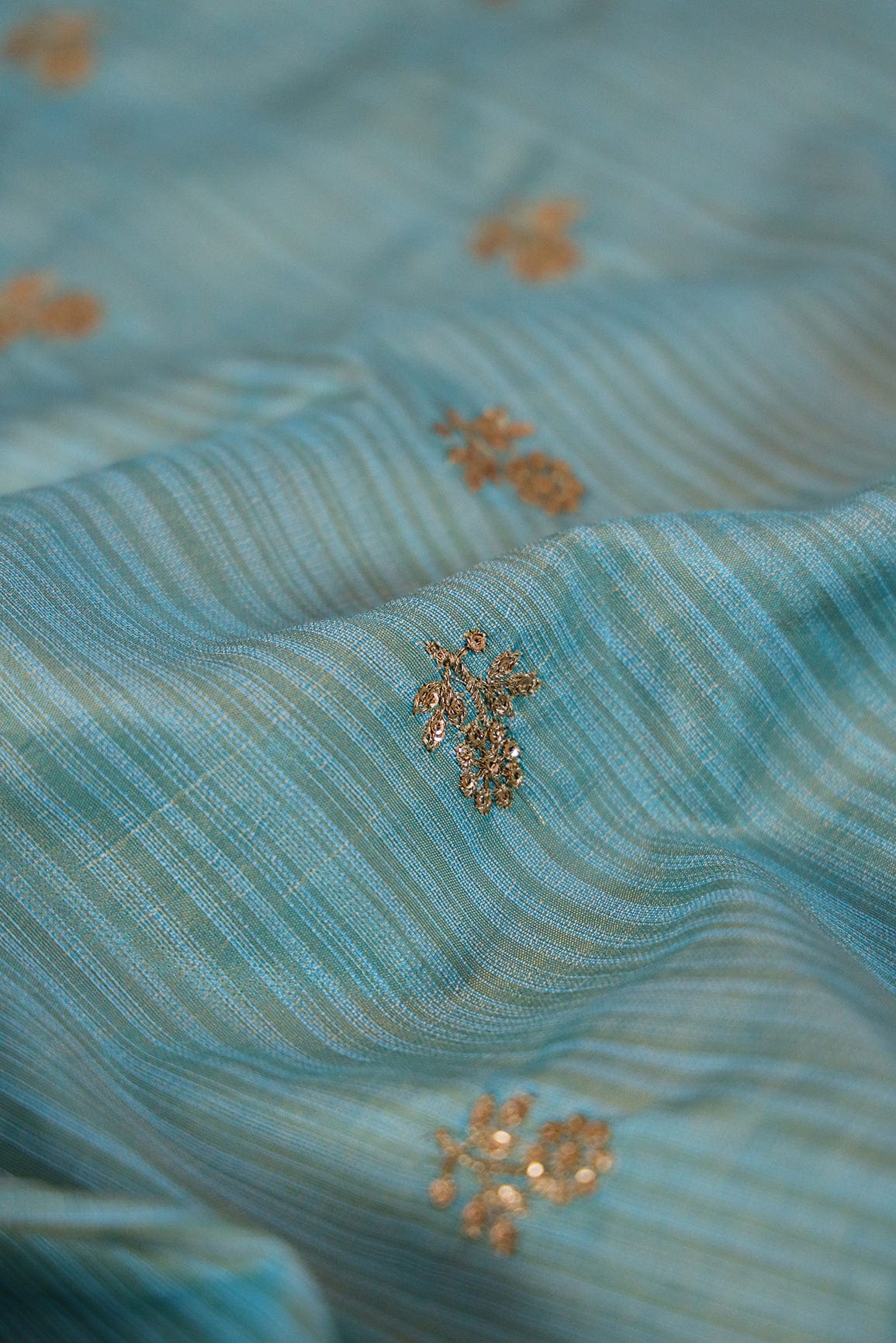 doeraa Embroidery Fabrics Gold Sequins with Zari Aesthetic Floral Embroidery On Sky Blue Bamboo Silk Fabric
