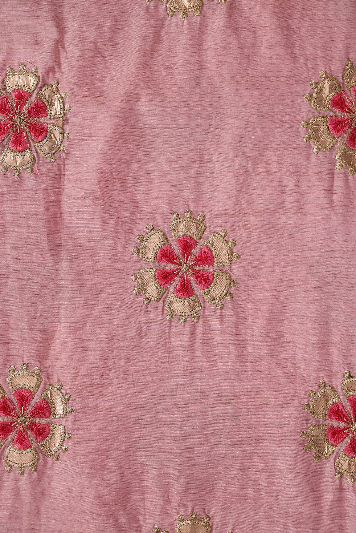 doeraa Embroidery Fabrics Gold Sequins with Zari and Red Motif Embroidery On Pink Bamboo Silk Fabric