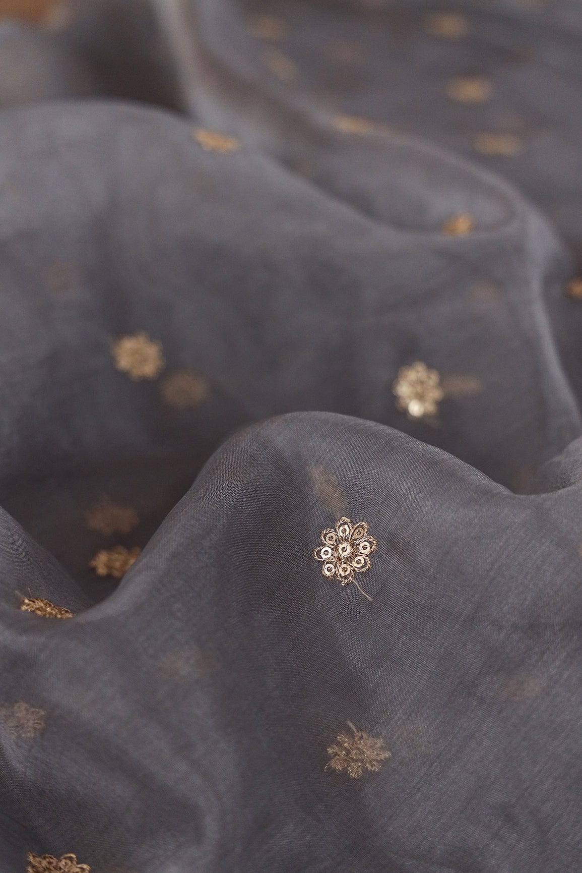 doeraa Embroidery Fabrics Gold Sequins with Zari Embroidery on Grey Organza Fabric