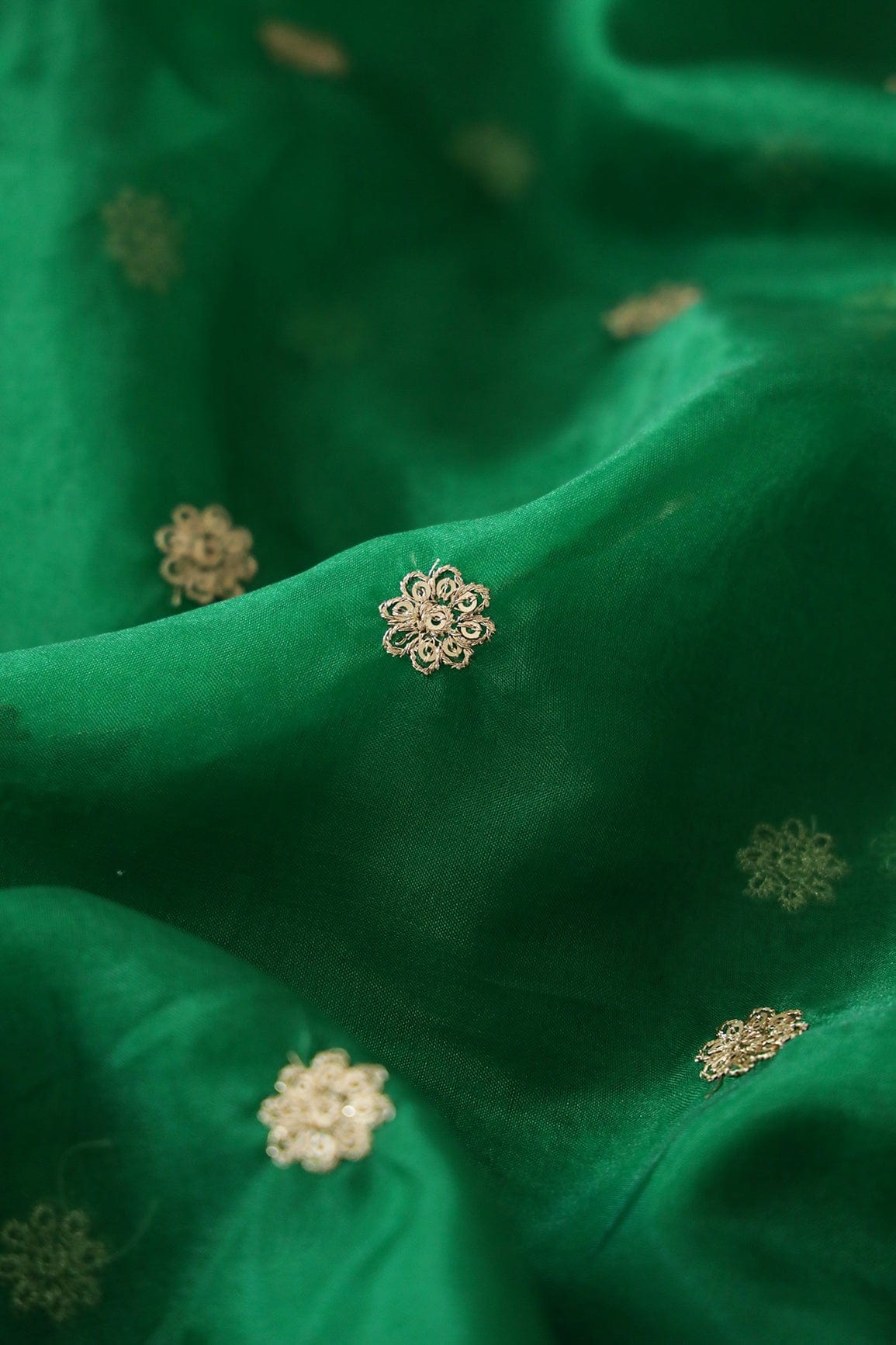 doeraa Embroidery Fabrics Gold Sequins With Zari Small Motif Embroidery Work Green Organza Fabric