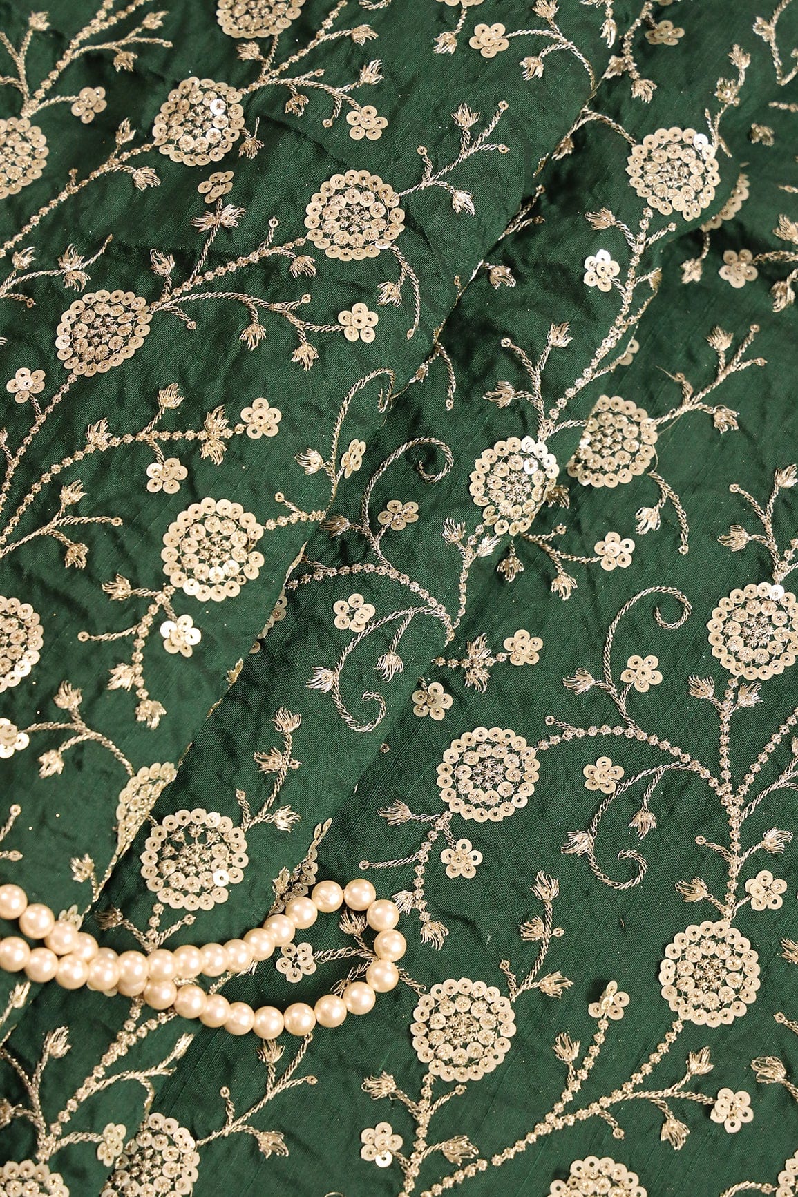 doeraa Embroidery Fabrics Gold Zari With Gold Sequins Beautiful Floral Embroidery Work On Bottle Green Raw Silk Fabric