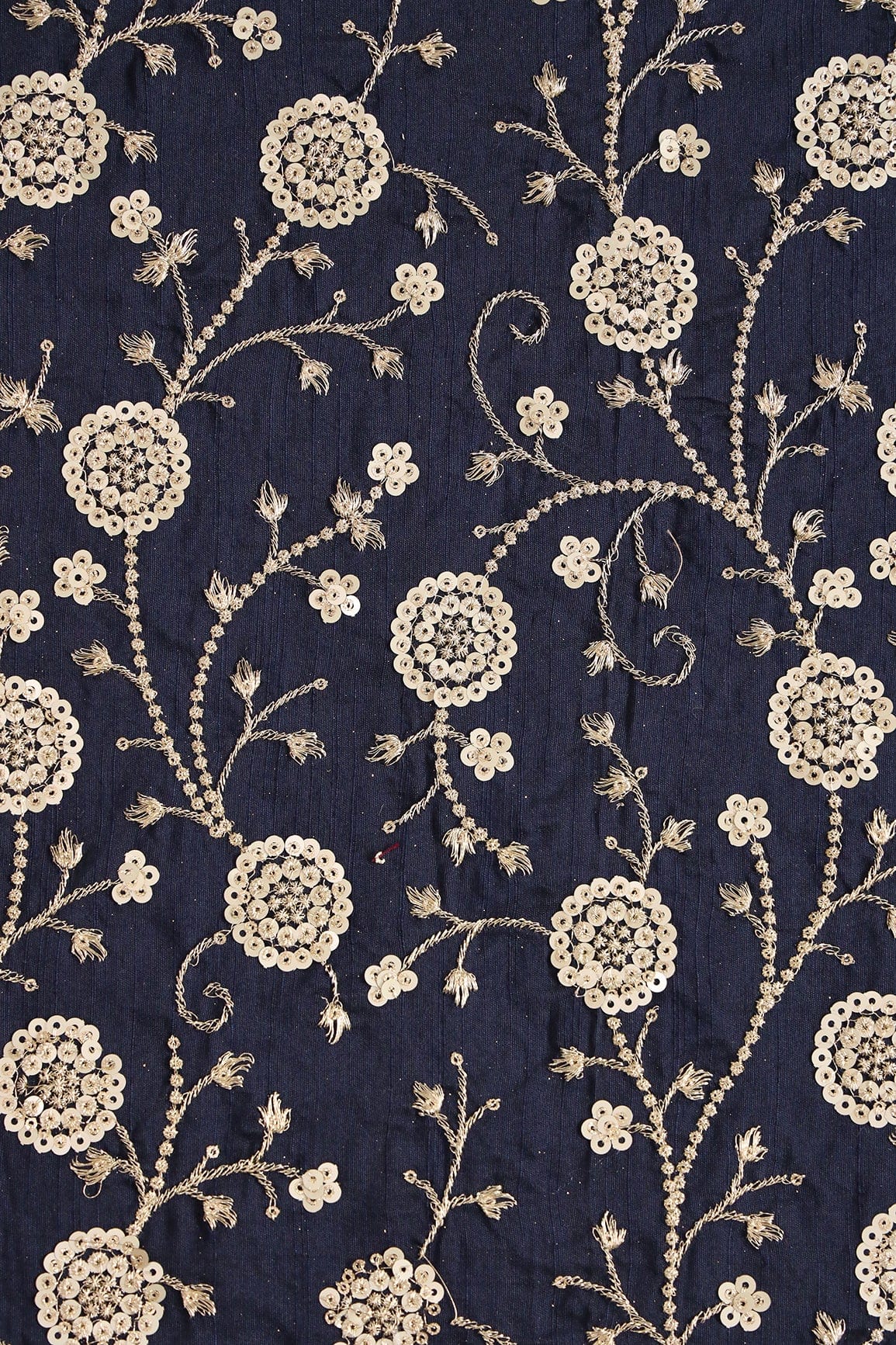 doeraa Embroidery Fabrics Gold Zari With Gold Sequins Beautiful Floral Embroidery Work On Navy Blue Raw Silk Fabric