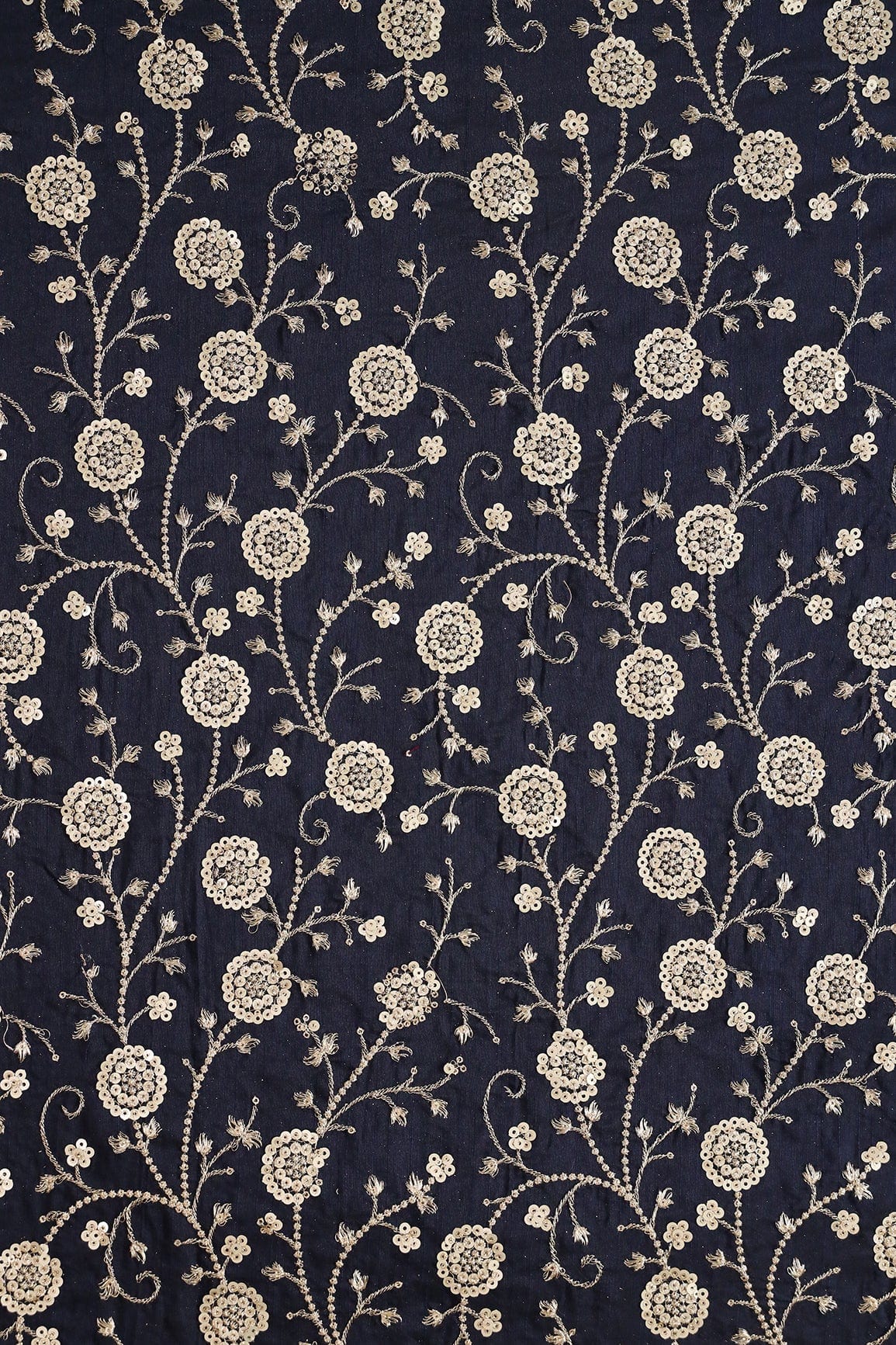 doeraa Embroidery Fabrics Gold Zari With Gold Sequins Beautiful Floral Embroidery Work On Navy Blue Raw Silk Fabric