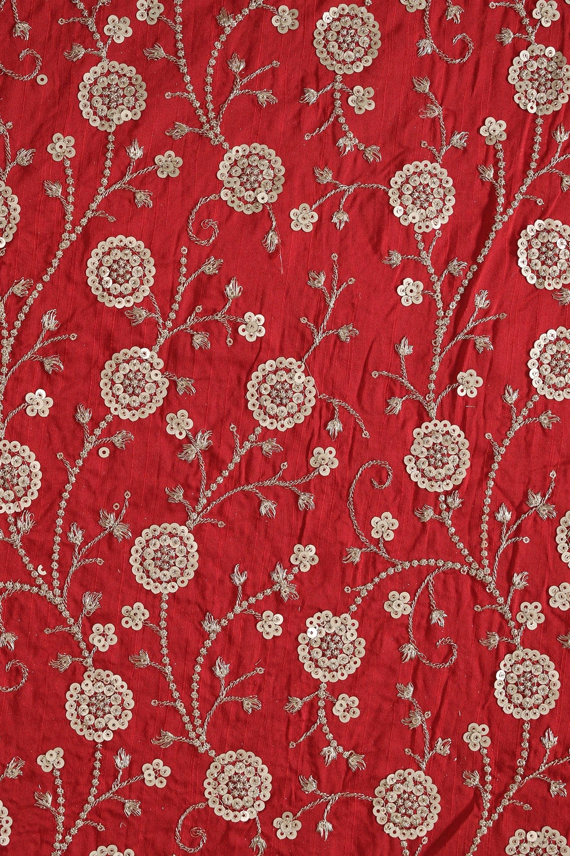 doeraa Embroidery Fabrics Gold Zari With Gold Sequins Beautiful Floral Embroidery Work On Red Raw Silk Fabric