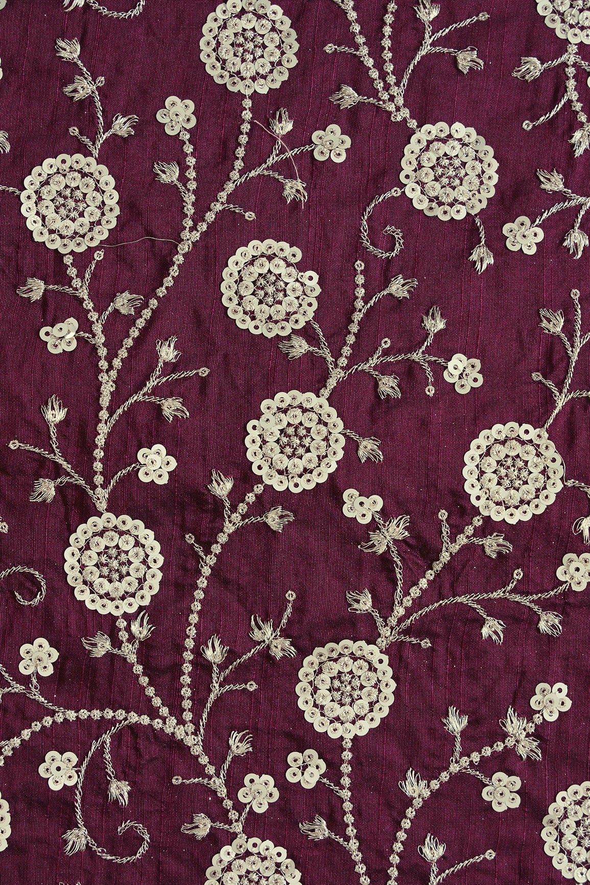doeraa Embroidery Fabrics Gold Zari With Gold Sequins Beautiful Floral Embroidery Work On Wine Raw Silk Fabric