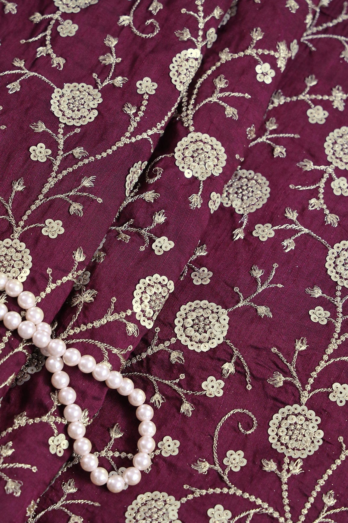 doeraa Embroidery Fabrics Gold Zari With Gold Sequins Beautiful Floral Embroidery Work On Wine Raw Silk Fabric