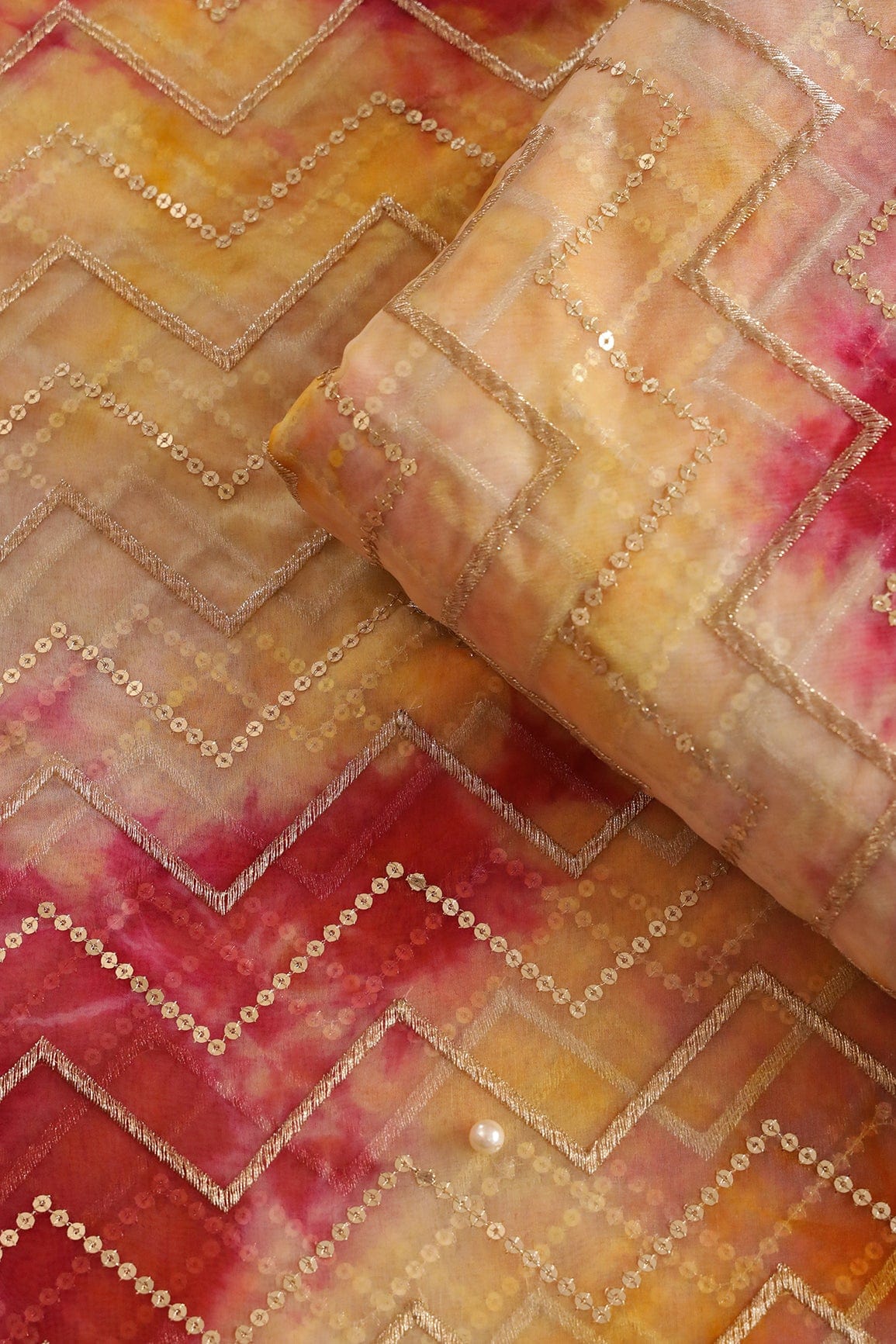 doeraa Embroidery Fabrics Gold Zari With Gold Sequins Chevron Embroidery Work On Tie & Dye Dark Pink And Yellow Organza Fabric