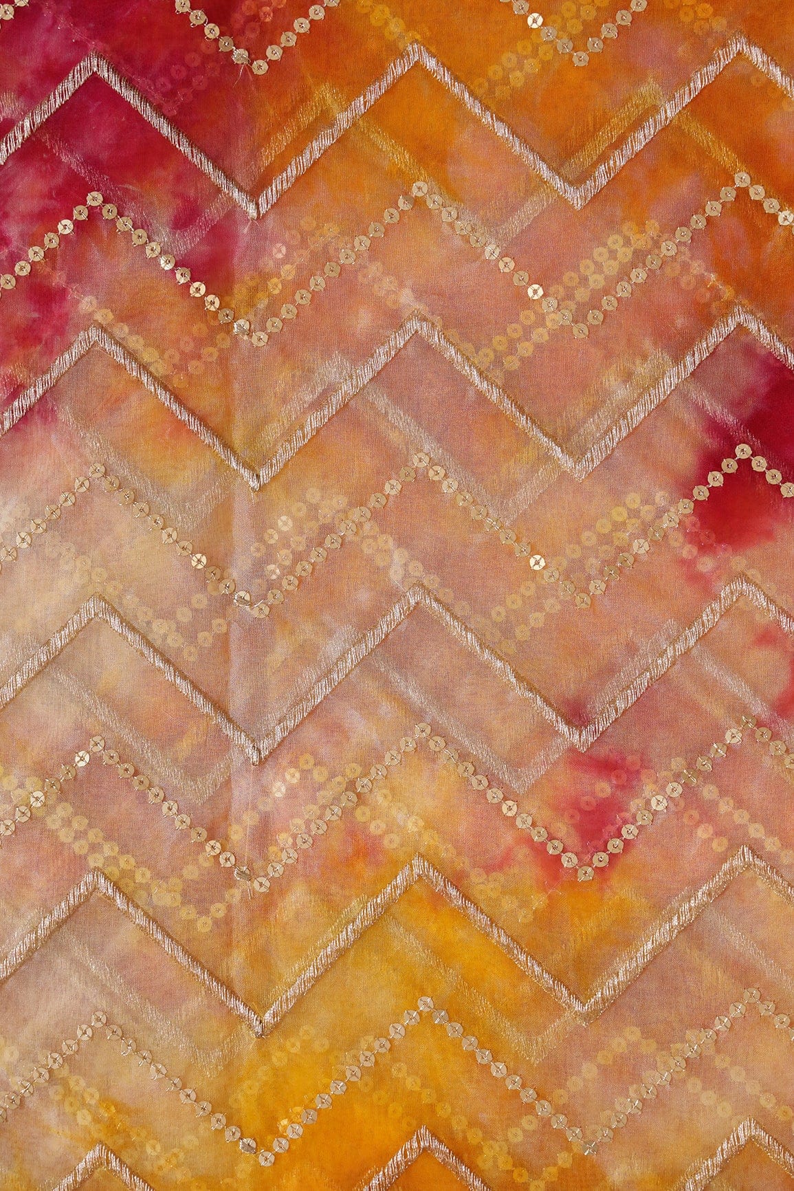 doeraa Embroidery Fabrics Gold Zari With Gold Sequins Chevron Embroidery Work On Tie & Dye Dark Pink And Yellow Organza Fabric