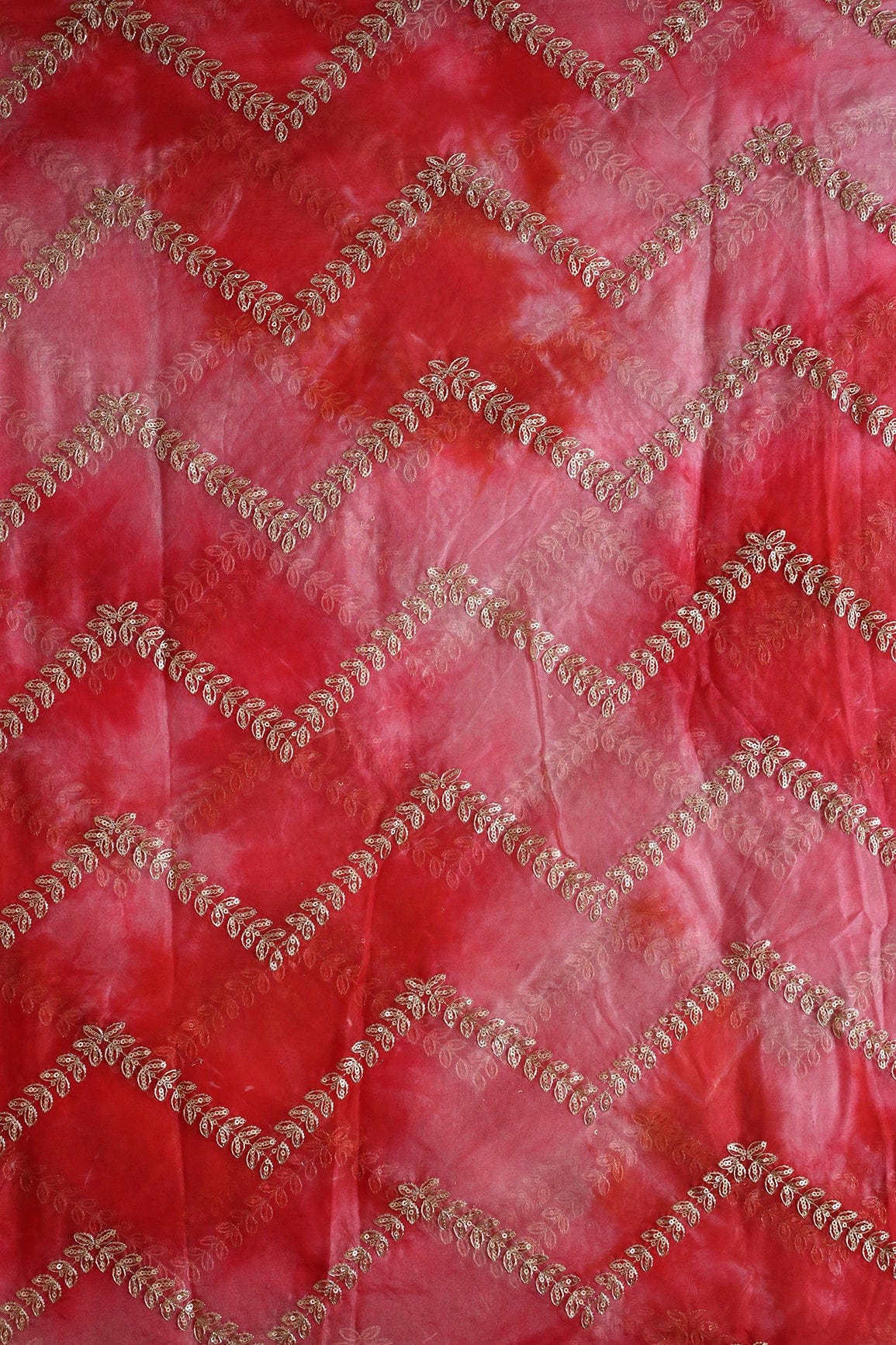 doeraa Embroidery Fabrics Gold Zari With Gold Sequins Chevron Embroidery Work On Tie & Dye Red Organza Fabric