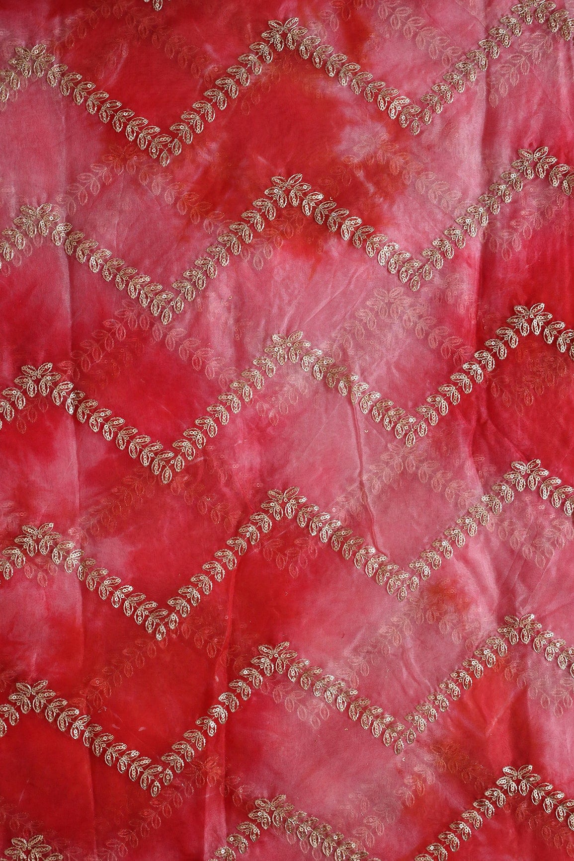 doeraa Embroidery Fabrics Gold Zari With Gold Sequins Chevron Embroidery Work On Tie & Dye Red Organza Fabric
