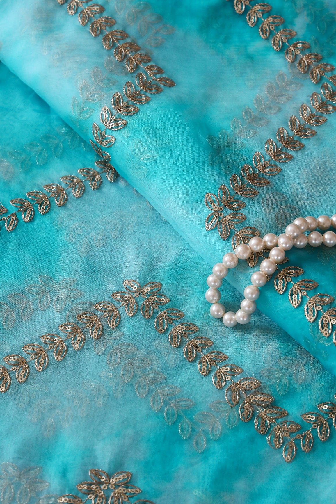 doeraa Embroidery Fabrics Gold Zari With Gold Sequins Chevron Embroidery Work On Tie & Dye Sky Blue Organza Fabric