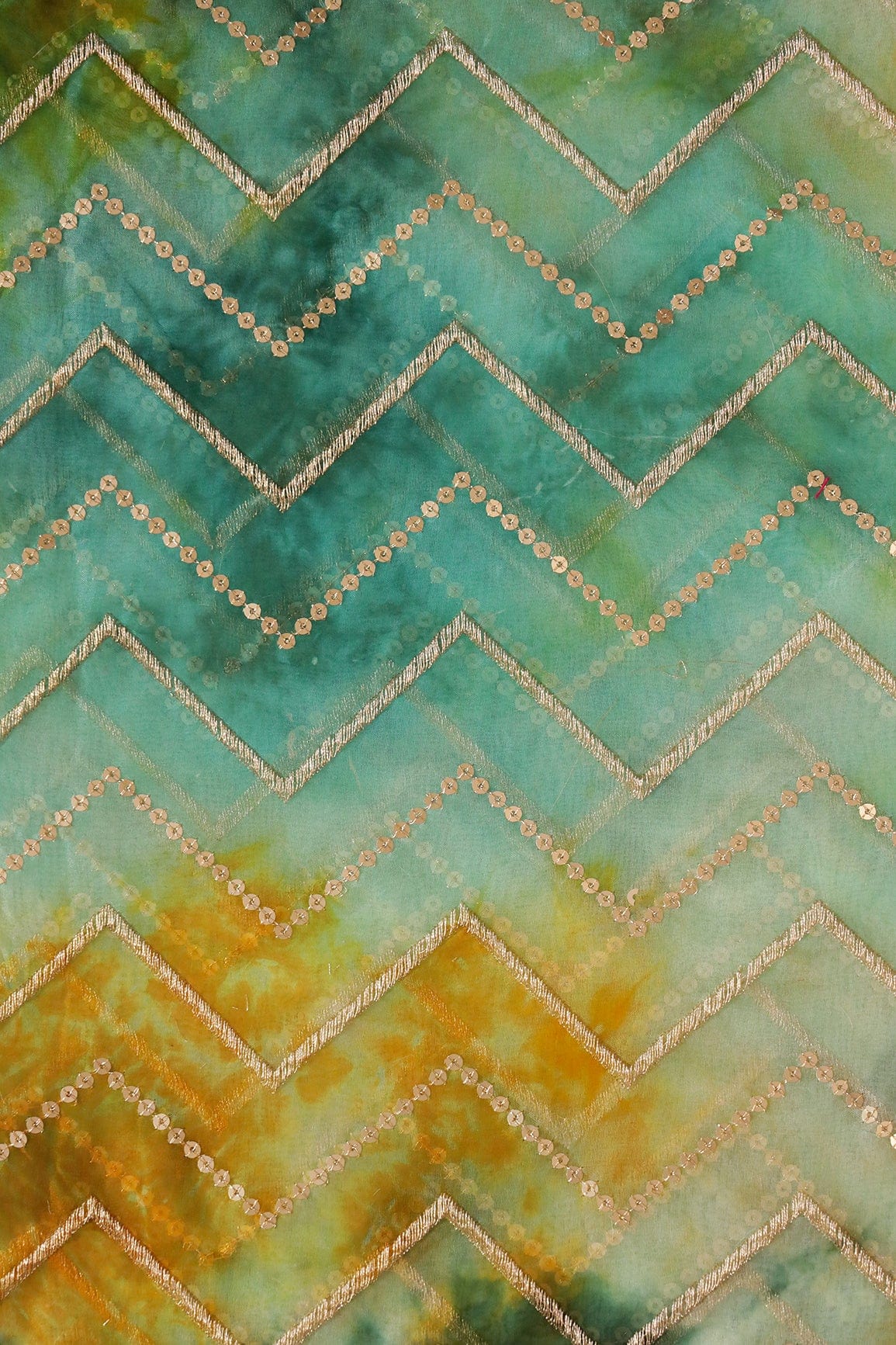 doeraa Embroidery Fabrics Gold Zari With Gold Sequins Chevron Embroidery Work On Tie & Dye Teal And Green Organza Fabric