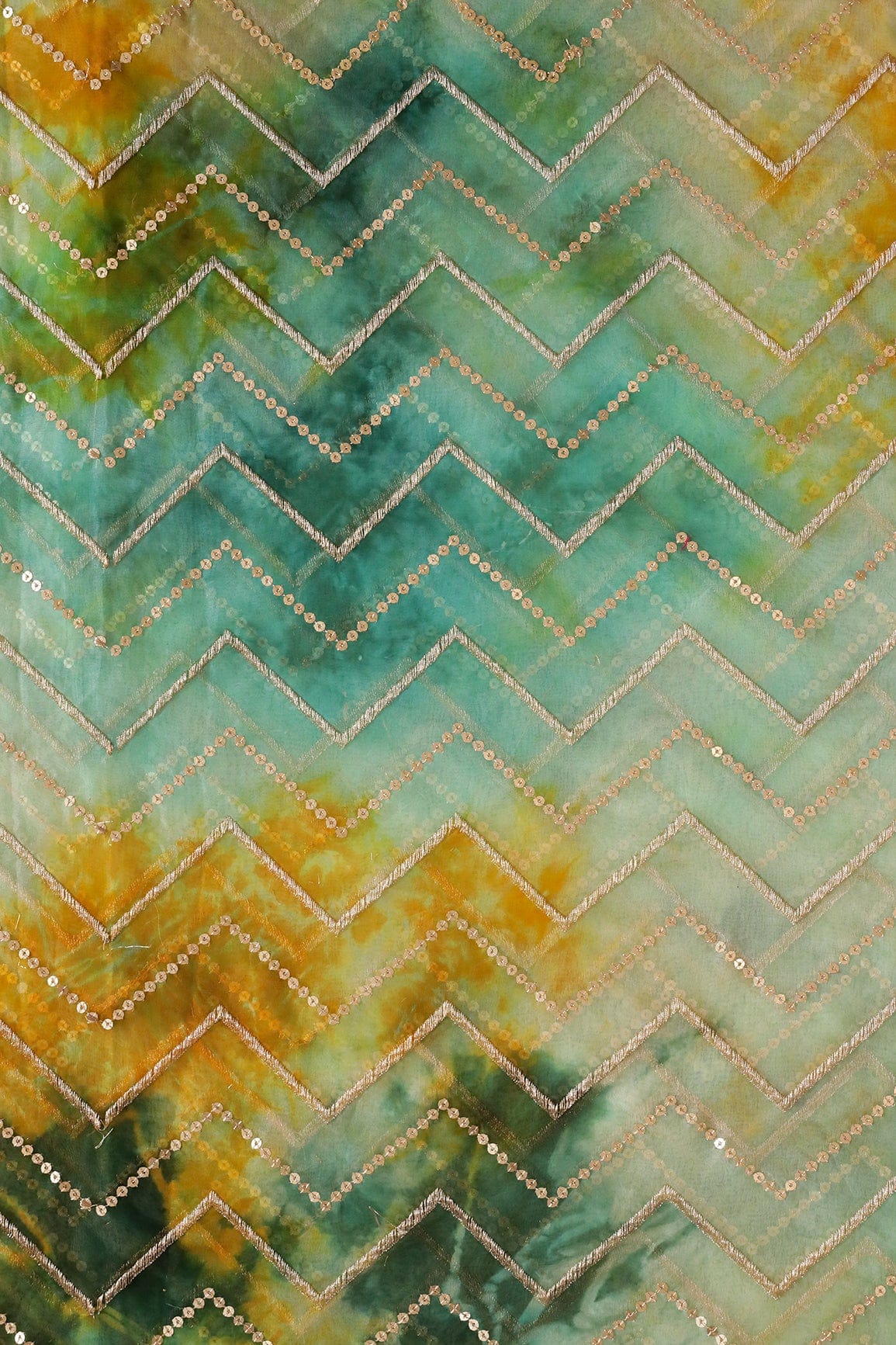 doeraa Embroidery Fabrics Gold Zari With Gold Sequins Chevron Embroidery Work On Tie & Dye Teal And Green Organza Fabric