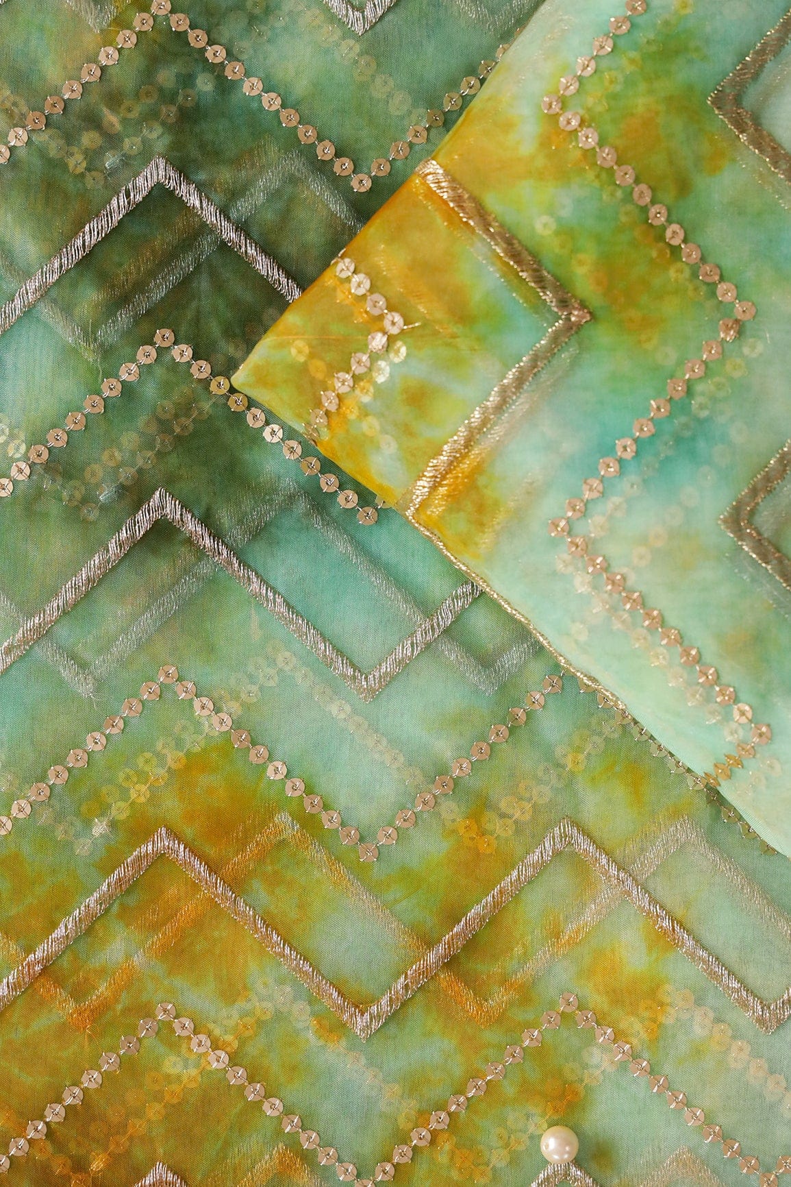 doeraa Embroidery Fabrics Gold Zari With Gold Sequins Chevron Embroidery Work On Tie & Dye Teal And Green Organza Fabric